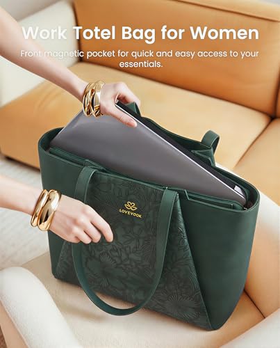 LOVEVOOK Laptop Tote for Women - 15.6 Inch Faux Leather Laptop Bag with Clutch, Large Capacity Office Purse Computer - color: Green Embossed, size: 15.6 inch
