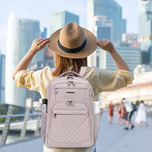 KROSER Travel Laptop Backpack 17 Inch Large Computer Backpack Dusty Pink | Water-Repellent Daypack, USB Charging Port, RFID Pockets, for Work/Business/College/Men/Women, Quilted - color: Quilted Dusty Pink