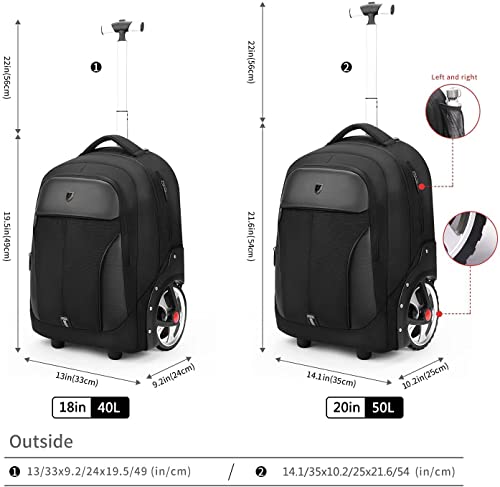 Rolling ,Waterproof Backpack with Wheels for Business, College Student and Travel Commuter, Carry on Backpack with Laptop Compartment, Fit 17 Inch Laptop, Wheeled Backpack for Adults - color: Black