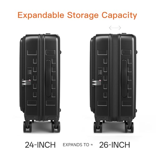 Expandable Lightweight PC Hard Shell Suitcase, 24-inch Luggage with TSA Lock, Top Opening & Cup Holder - Ideal for Business Travel Suitcase (Black, Checked-Medium 24-Inch) - color: Black, size: Checked-Medium 24-Inch