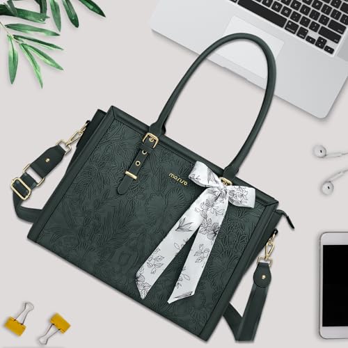 MOSISO Laptop Bag for Women, 15.6-16 inch PU Leather Tote Bag | Compatible with MacBook, HP,Dell,Asus, Front Embossed Retro Hibiscus Computer Bags with Silk Scarf&Clutch Purse,Emerald Green - color: Emerald Green, size: 16 inch