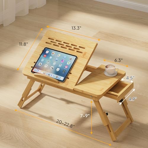 Bamboo Laptop Desk for Bed, Height & Angle Adjustable Foldable Lap Desk with Drawer & Cup Holder, Portable Bed Desk Table for Working, Reading, Writing or Breakfast on Sofa, Couch or Floor