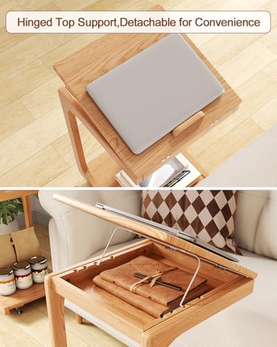 AQIMUELE Wooden C-Shaped End Table,Couch Table with Adjustable Desktop,Small Rolling Side Table with 2 Lockable Wheels,Small End Table for Couch, Living Room,Bedroom (Natural) - color: Natural, size: 15.6"D x 15.7"W x 24.8"H, style: Modern 2 Tier