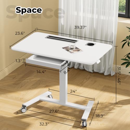 40"×24" Mobile Standing Desk with Drawer, Cup Holder & Hooks | Height Adjustable Portable Desk on Wheels, Small Computer Desk, Rolling Laptop Cart for Home Office, Classroom, White - color: White, size: 40" Pro