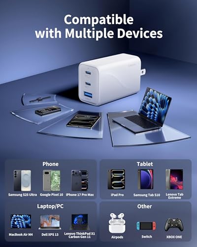 65W GaN Charger,3-Port Fast USB C Wall Foldable Charger for iPhone 17 Pro Max/17 Pro/17 Air,16 Pro/16e Series, iPad, Samsung Galaxy S26/S25(White) - color: 1White S