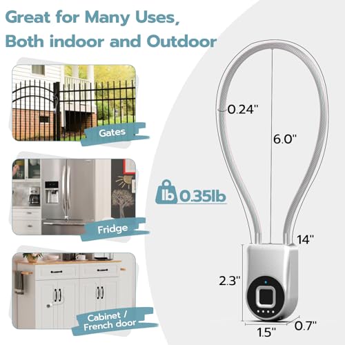 Fingerprint Cable Lock, Fridge Lock with Fingerprint Bluetooth APP Control, Smart Biometric Waterproof Child-Proof Refrigerator Locks for Kids & Adults Fridge French Door Cabinet Gate - color: Silver