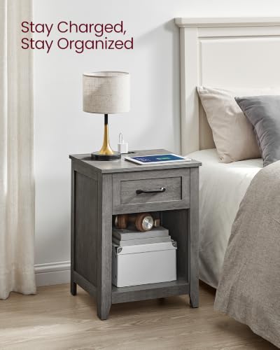 VASAGLE LIRY Collection - Farmhouse Nightstands with Charging Station, Set of 2 Bedside Tables, Side Tables with Drawer, Open Compartment, for Bedroom, Misty Gray ULET859G01 - color: Misty Gray, size: 2 PACK, style: 17.7"W x 23.6"H With 1 Drawer