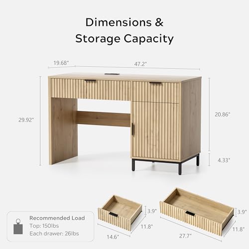 47" Fluted Executive Desk, Modern Wood Home Office Desk with Charging Station, Drawer & Cabinet, Computer Writing Desk for Work Study, Light Oak - color: Light Oak