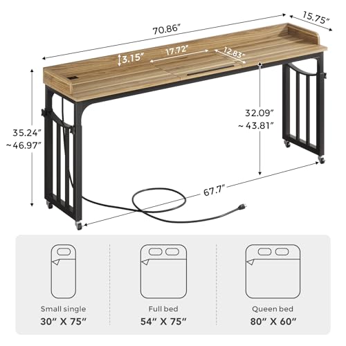 71 in Queen Size Overbed Table with Wheels, Light Brown | Height Adjustable, Bed Table with Adjustable Tilt Board, Mobile Laptop Cart Computer Desk with Power Outlets, USB Ports - color: Light Brown