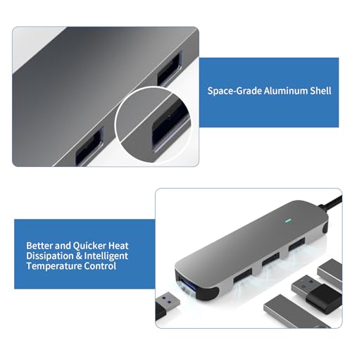 USB Hub 4 Ports, MEANHIGH Multiple USB A 3.0, 2.0 Splitter Portable Adapter for Laptop, Plug and Play Mini USB Extender for PC, Flash Drive, Mobile HDD - size: USB-A-Grey
