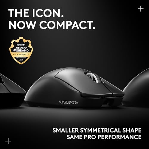 Logitech Pro X Superlight 2c Wireless Gaming Mouse 51g Compact - Black | 51g compact mini size, symmetrical shape, <8 kHz polling, 44K DPI, PowerPlay wireless charging, USB-C, 5 buttons, for PC/Mac - color: Black, size: Compact, style: Mouse