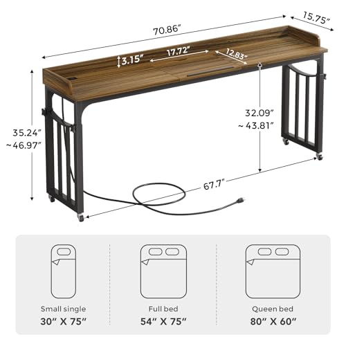 71 in Queen Size Overbed Table with Wheels, Brown | Height Adjustable, Bed Table with Adjustable Tilt Board, Mobile Laptop Cart Computer Desk with Power Outlets, USB Ports - color: Brown