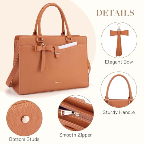 Missnine Laptop Tote Bag for Women 15.6 Inch Leather Work Bags Teacher Computer Purse Briefcase Handbag for Office, Travel - color: Bow Brown