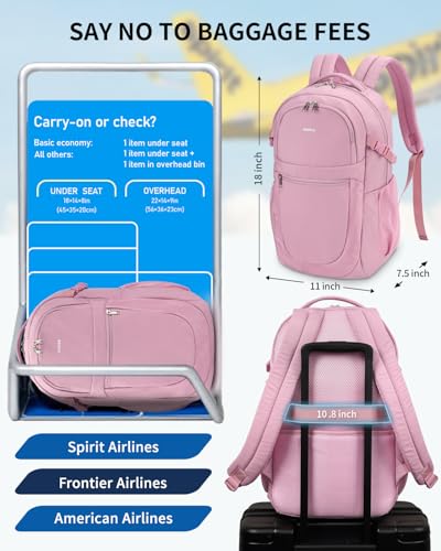 ECOHUB Travel Backpack for Women, 17.3 inch Suspended Laptop Backpack, Fashion Water-Resistant 28L Personal Item Bag with 12 Pockets for Causal, Work, Pink - color: Pink