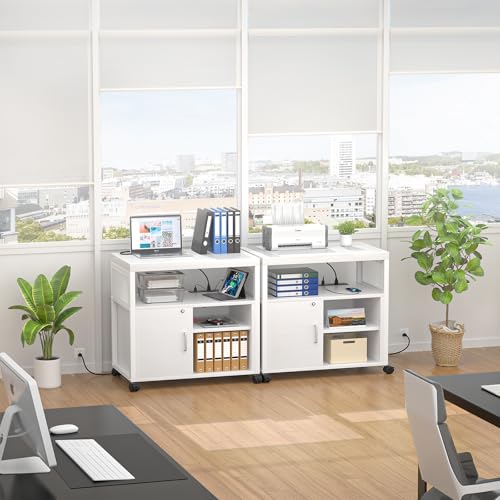 Unikito Rolling File Cabinet Lateral Office Filing Cabinets with Socket and USB Charging Port, Modern Printer Stand on Wheels, Printer Cabinet with Door and Open Storage, Lockable, White - color: White