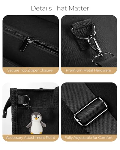 Canvas Tote Bag for Women With Zipper,14" Laptop Tote Bag for Work | Water Bottle Pocket,Padded Laptop Sleeve,Inner Key Leash,Premium Metal Hardware,Structured Canvas - color: Graphite Black