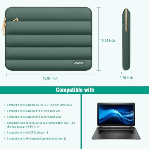 MOSISO Laptop Case 13.3 inch,13-13.3 inch Puffy Laptop Sleeve Compatible with MacBook Neo/Air 13.6 M5 M4 M3 M2 M1/Pro 13/14,HP Dell ASUS Lenovo,Polyester Horizontal Bag with Small Case,Emerald Green - color: Emerald Green, size: 13.3 inch