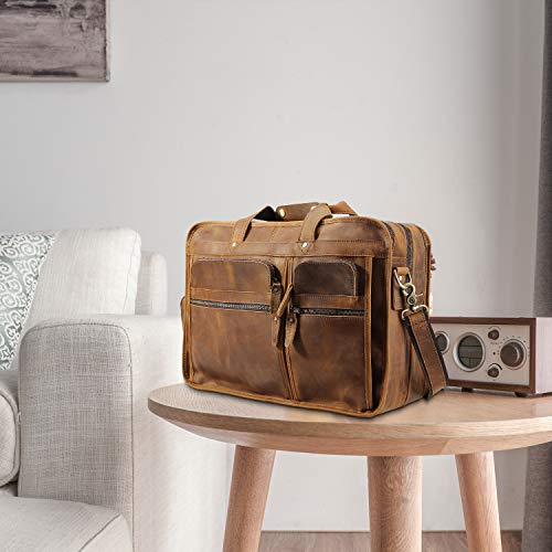 Polare Modern Messenger Bag with Retro Feel 17" Men’s Laptop Briefcase with Full Grain Leather and Premium YKK Zippers - color: Light Brown(fit 15.6" Laptop)
