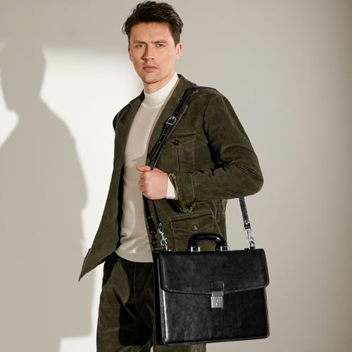 Time Resistance Leather Briefcase - Italian Handmade Leather Laptop Bag - Handbag for Men - Professional Computer Case - color: Black