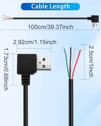 90 Degree Right Angle USB 2.0 Male to 4-Pin Bare Wire Adapter Cable, 4Pcs USB A to Bare Wire Converter DIY Repair Kit for Car Electronics/Industrial Devices