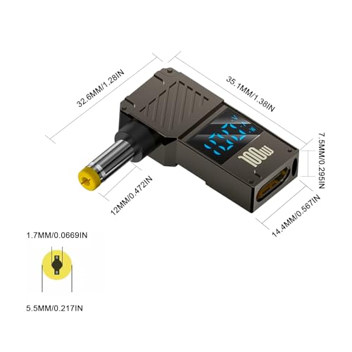 Poyiccot DC 5.5x1.7mm Power Plug, USB C Female to DC 5.5x1.7mm Power Adapter, 90 Degree, LED Digital Display, 100W Output 20V 5A Charger Connector for Laptop,1-Pack - color: 5.5x1.7mm