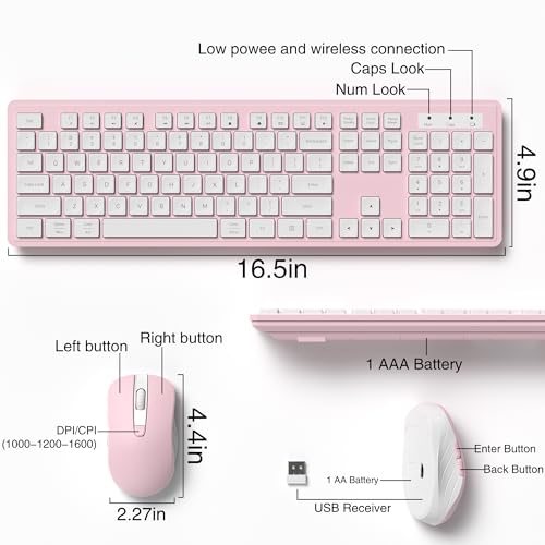 MPTOG Wireless Keyboard and Mouse Combo, Full-Size 104-Key Office Keyboard with 15 Function Keys, Numeric Keypad, Single USB Receiver, Compatible with PC and Laptop(Pink White) - color: Pink White