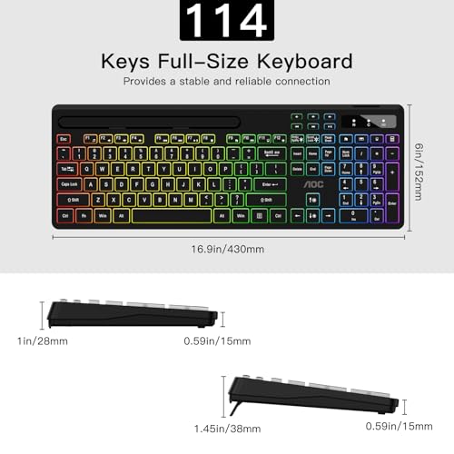 AOC KB600 Wireless Keyboard with 7-Color RGB Backlit, 2.4GHz Full-Size Computer Keyboard with Phone Tablet Holder, Number Pad, 22 Multimedia Hotkeys, Rechargeable for Mac, Windows