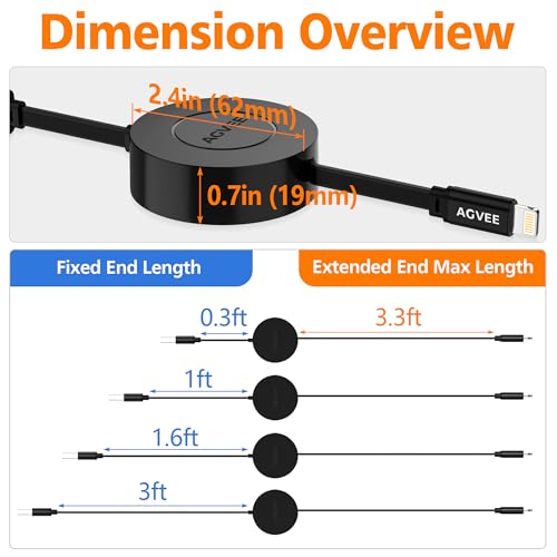 AGVEE 1ft Fixed / 3.3ft Extend Single-End Retractable Lightning Cable | Desk-Mounted, Pocket Size, 2.4A Fast Charger Cord for iPhone 14/13/12/11/XS/8/7/6/5, iPad, iPod, Cord Organizer - size: 1ft Fixed / 3.3ft Extend, style: A to Lightning