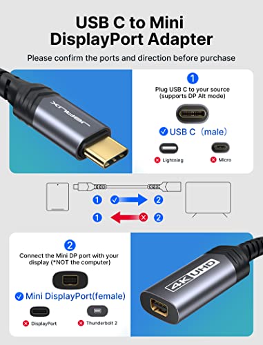 JSAUX USB C to Mini DisplayPort Adapter, 4K@60Hz, USB-C to Mini DisplayPort, Uni-Directional, for DP Alt Mode Devices, Not Compatible with Thunderbolt/Thunderbolt 2 Displays - size: 0.7ft