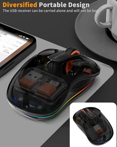 Bluetooth Wireless Mouse, Transparent RGB Tri-Modes Mouse,Bluetooth & 2.4GHz for Multi Device, USB-C Receiver Ideal for MacBook/Laptops, Rechargeable, Silent, Portable, Cool LED, Ergonomic - Black - color: Black