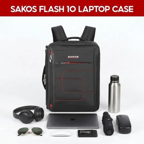 SAKOS Flash 3 in 1 Laptop Bag, 15.6 Inch Convertible Messenger, Shoulder Bag & Backpack, Water Repellent Travel Bag, Professional Work Bag for Men & Women, Briefcase with Laptop Compartment - Black - color: 4. Flash - Black/Red