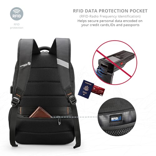 Swissdigital Design Backpack for Men & Women Fit 16 Inch Computer SD1670-01 | Travel Laptop Backpack, College Bag, Business Backpack, with USB Charging Port, RFID Protetion Pocket, Water Bottle, Black - color: Black