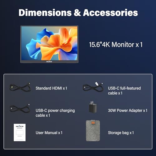 InnoView 15.6 inch Portable Monitor 4K UHD 3840x2160 | 100% sRGB HDR | External Monitor with 2 USB-C & HDMI Ports | Travel Second Monitor for Laptop Mac PC Xbox PS5 Switch (Includes Adapter) - size: 15.6-in