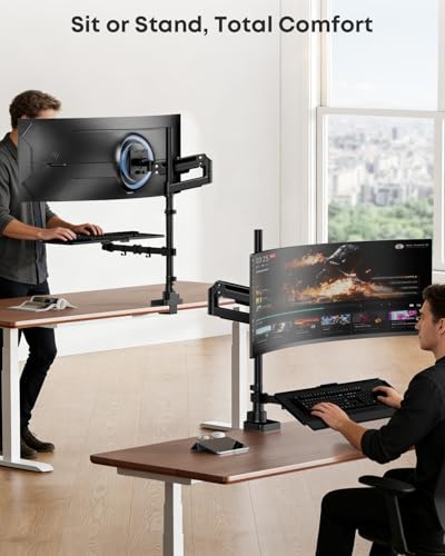 PUTORSEN Heavy-Duty Monitor Arm with Keyboard Tray, Sit-Stand Desk Mount for Up to 49" Screens, 32" Extended Reach Full-Motion Articulating Arm with Pneumatic Spring, C-Clamp & Grommet Mount (Black) - size: 49 Inch