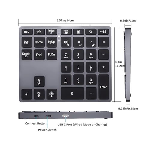 Tri-Mode Aluminum Numpad 7-Color LED Backlit, BT5.0/USB/2.4G Wireless Rechargeable Number Pad 35-Key Scissor Switches Light Up Keycaps for PC/Laptop/Win/Mac, Grey Black