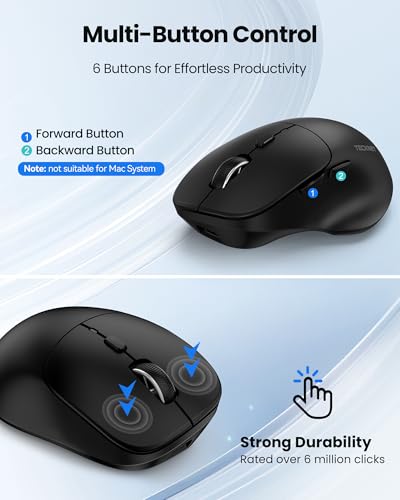 TECKNET Wireless Mouse Bluetooth 5.0/3.0 & 2.4G Rechargeable, Silent Clicks, Adjustable 4800 DPI, 6 Buttons, Ergonomic Design, Bluetooth Mouse for Laptop, Computer, ipad - color: Black