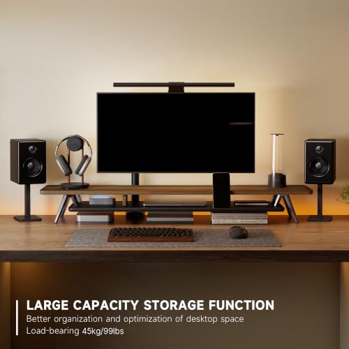 Fenge Dual Monitor Stand Riser, Wooden Desk Shelf with 2-Tier Storage | 47.2-Inch Extra Wide, Sturdy Aluminum Legs, Built-In Phone & Tablet Slot, Desktop Organizer for Office Accessories - color: Walnut, size: 47.2 Inch