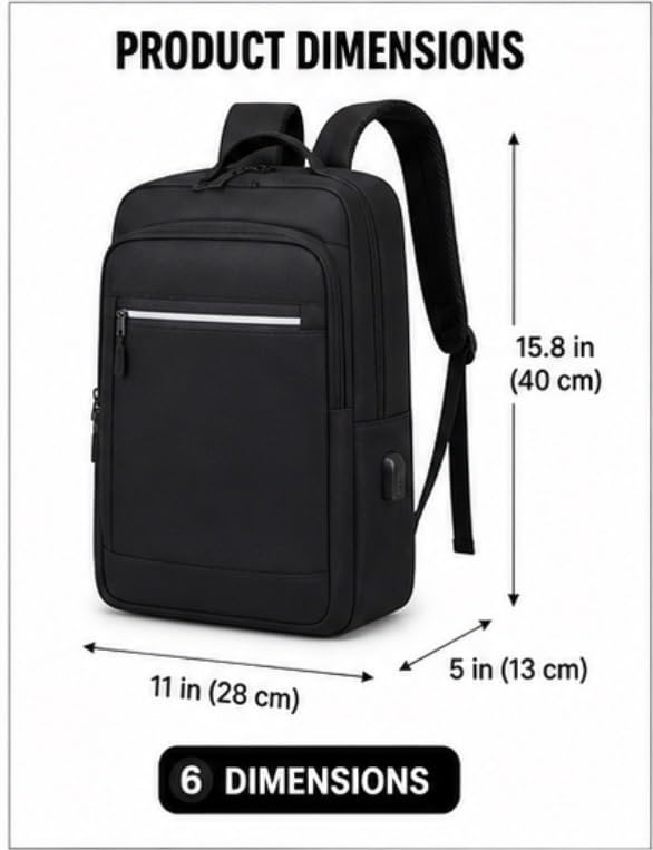 Modern Business Laptop Backpack with USB Charging Port, Black Water-Resistant Material, Front Zip Pocket, Minimalist Design