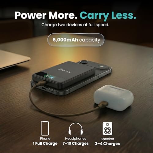5K Magnetic Power Bank, Silver, Qi2 Certified 15W Wireless Charger, LCD Display, Ultra-Slim Solid-State Battery Pack for iPhone 17/16, Lightweight Travel, USB-C Portable (Black) - color: Black