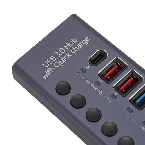 Powered USB 3.0 Hub, Plug and Play 100-240V Individual Switches 5Gbps 7 Ports USB Hub Protector for Laptop (US Plug 100‑240V)