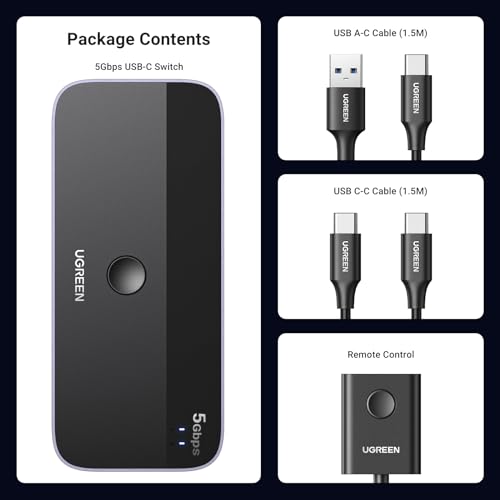 UGREEN USB Switch A & C Input for Computers - Share 4 Ports, Switcher Selector for PC, Laptop, Keyboard, Mouse, Webcam, Microphone - Adapter With 2 USB-C Data Cables and Remote