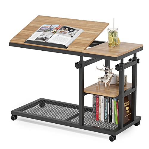 Tribesigns Height Adjustable C Table with Wheels, Mobile Couch Snack Side Table with Tiltable Drawing Board, Sofa Bedside Laptop Stand C Shaped TV Tray with Storage Shelves (Black+Oak) - color: Black+oak
