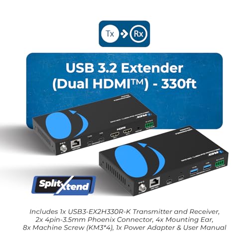 OREI USB Cat6 Extender, 2X Dual USB-C RS-232 Two-Way PoC Audio De-embedding | USB Extender Over Ethernet, USB Extender Over CAT5 – 5Gbps, Dual HDMI 4K60, Auto/Manual Host Switching, 3.5mm Audio - size: Upto 330 ft