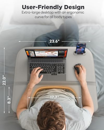 SAIJI Laptop Lap Desk for Bed & Couch with Soft Armrest, Bed Desk Table | Ergonomic Curved Design, Soft Padded Armrests, Height & tilt angles Adjustable, Foldable & Versatile Surface - color: Gray