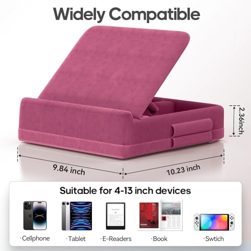 KDD Tablet Pillow Stand with Storage, Foldable iPad Holder for Lap, Desk and Bed, Angle Adjustable Soft Pad Dock with Stylus Mount Compatible with iPad Pro, Air, mini, Book, Phone and Tablet (4-13") - color: Dark Purple