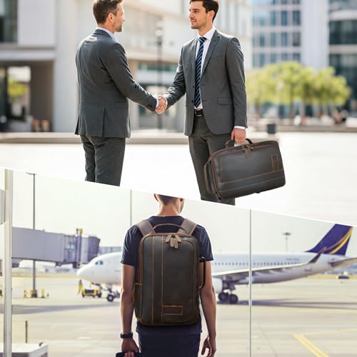 Masa Kawa Vintage Leather Expandable 15.6" Laptop Backpack for Men | Businss Travel Office Work Computer Daypack Bag with Water Bottle Holder, Luggage Strap - color: Brown