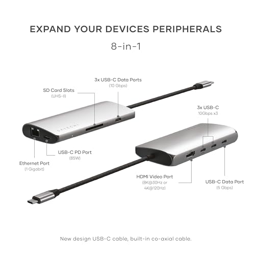 Satechi 8-in-1 USB-C Hub V3, 8K HDMI, 100W Charging, Ethernet, Space Gray | USB hub, 100W Charging, 4 USB Data Ports, Ethernet, SD Card Reader, for Mac and Windows, MacBook Air/Pro/Neo, iPad Air/Pro - color: Space Gray, size: V3