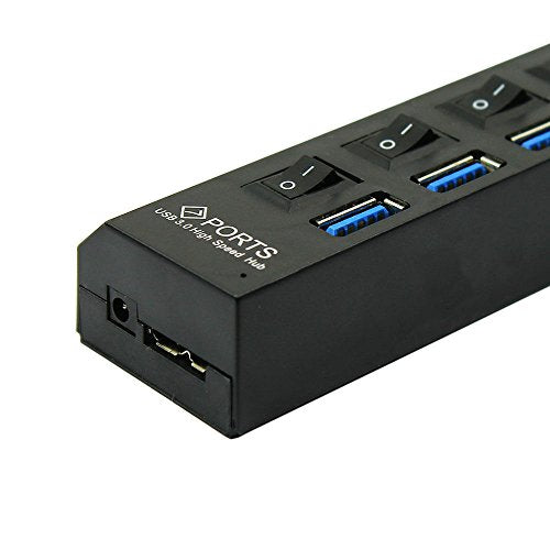 MaxLLTo 7 Port USB SuperSpeed 3.0 Hub On/Off Switches + AC Power Adapter Cable for PC Laptop -Black