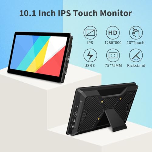 10.1” Touch Screen Monitor, IPS 1280x800 Small USB-C Secondary Display, 10-Point Touch, HDMI, VESA, Dual Speakers, Mini Monitor for Laptop PC Rasp Pi - size: 10.1”