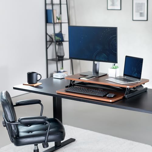 VIVO Dark Walnut 32 inch Stand Up Desk Riser, DESK-V000SD | Height Adjustable, Standing Desk Converter, Quick Sit to Stand, Tabletop Dual Monitor Riser Workstation, Minimal Assembly - color: Dark Walnut, size: 32"